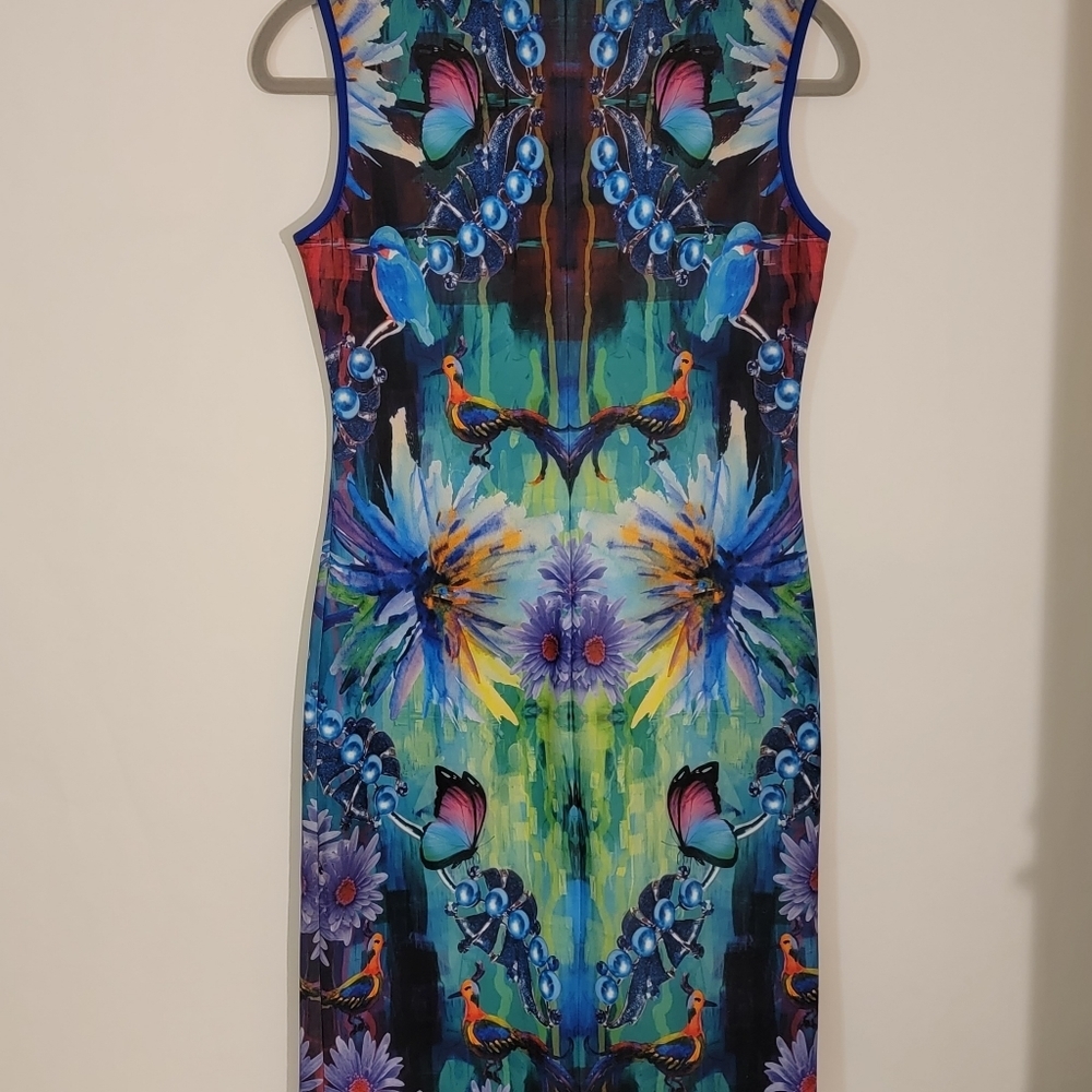 Mackenzie Mode Dress Small Psychedelic Butterfly Floral Bodycon Sheath Glam Rock - Picture 9 of 10